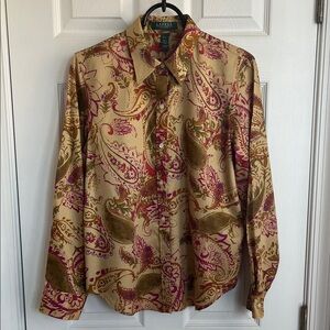 NWOT Lauren Ralph Lauren sz LP women’s blouse multi colors on caramel background